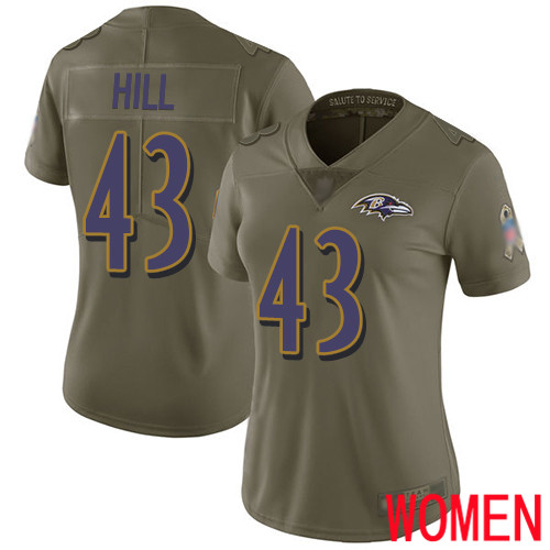 Baltimore Ravens Limited Olive Women Justice Hill Jersey NFL Football #43 2017 Salute to Service->youth nfl jersey->Youth Jersey